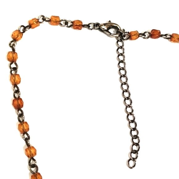 VINTAGE FAUX GLASS AMBER PENDANT BEADED CHAIN Y-SHAPED LARIAT 14-17" NECKLACE - Picture 3 of 9
